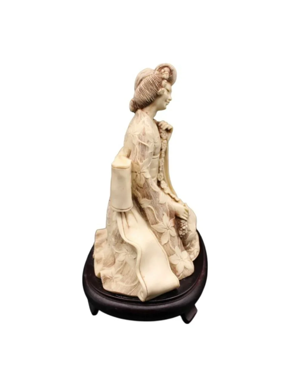 Vintage Ivory Tone Japanese Geisha Woman Resin Figurine Kimono Cherry Wood Base
